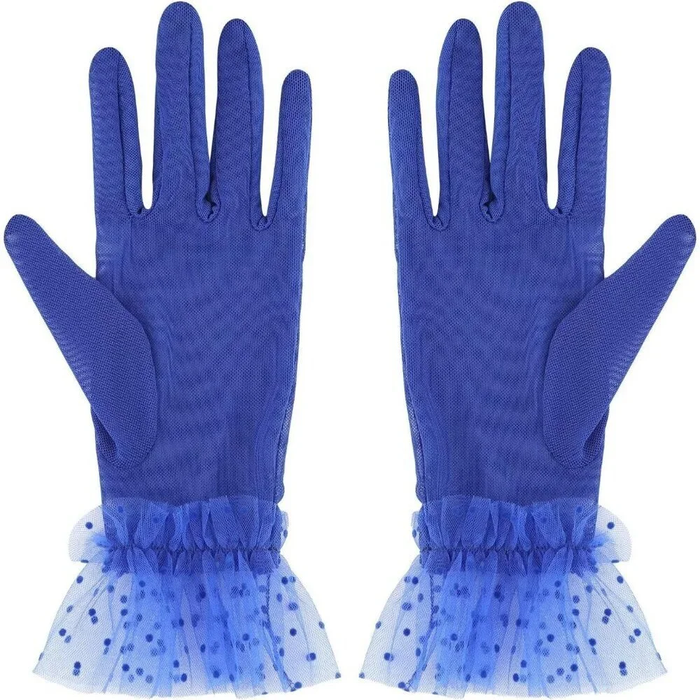 Women's Short Lace Royal Blue Sheer Mesh Tea Party Prom Gloves Banquet Costume